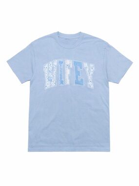 WIFEY Graphic Tee Size Large Blue Floral Patchwork Bridal Shirt Boho